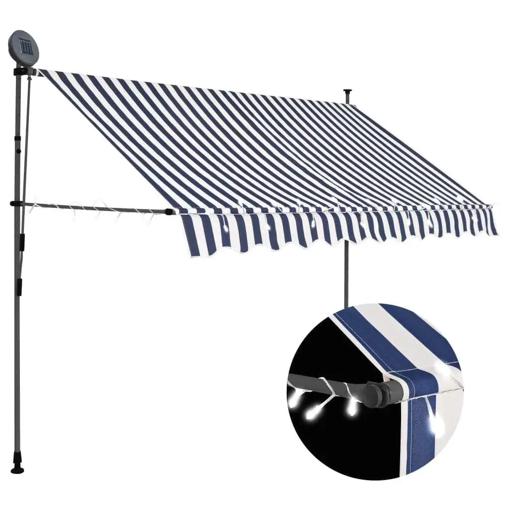 300cm Manual Retractable Awning with LED Lights - Stylish Blue & White Design for Outdoor Shade