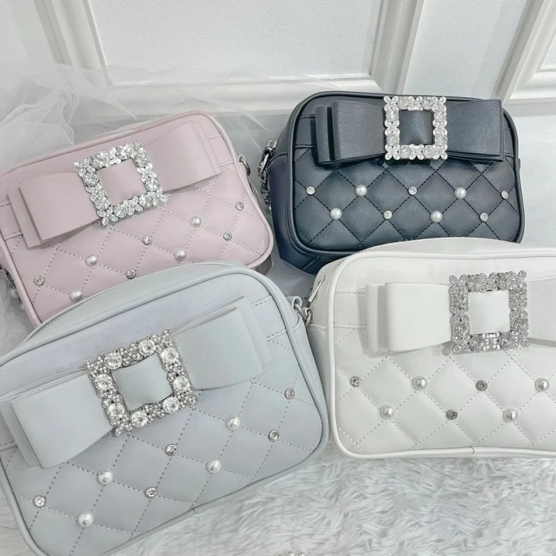 

Japanese Pink Bow Girl Crossbody Bag Fashion Pearl Chain Shoulder Bag Lolita Sweet Handbag Rhinestone Diamond Square Tote Bag