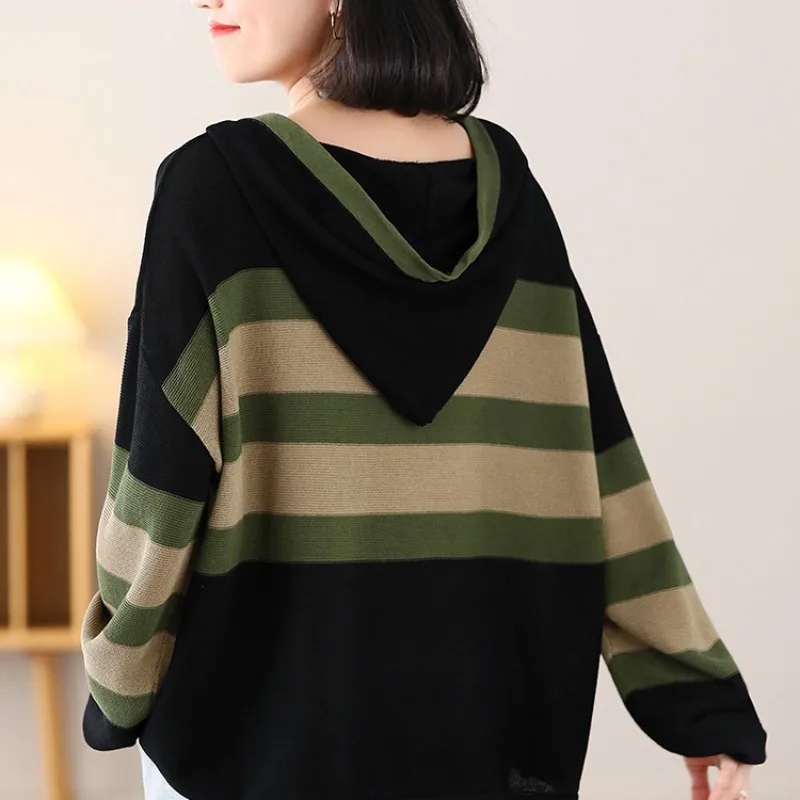 Women's Autumn Winter Stripe Long Sleeve Hoodie Sweater Fashion Versatile Pullover Casual Loose Female Clothes Elegant Lady Tops