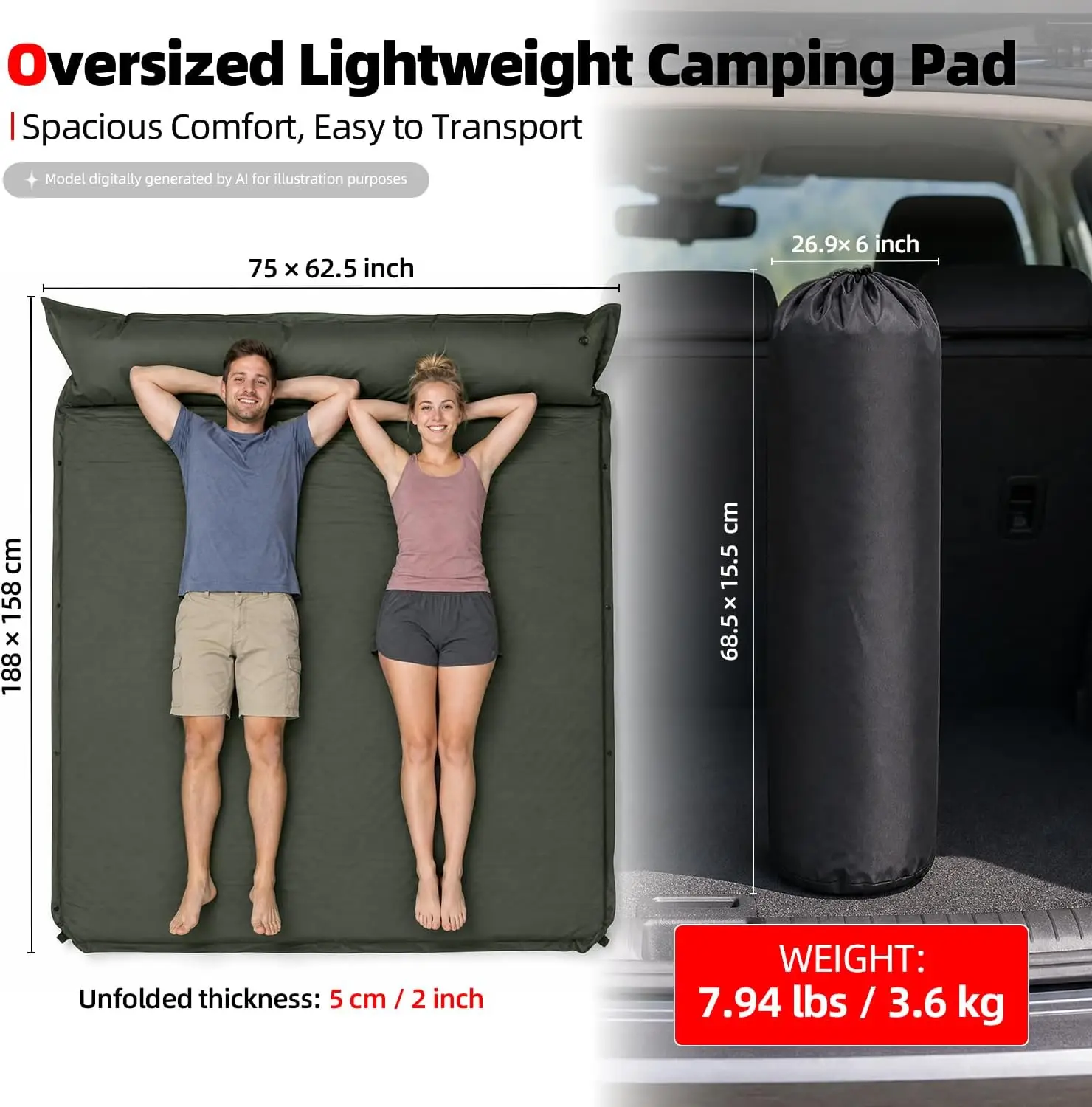 Self Inflating Sleeping Pad with Pillow, 2-3 Person, Green | Lightweight 7.94Lbs, Fast Inflating, Camping Sleeping Pad, Waterpro