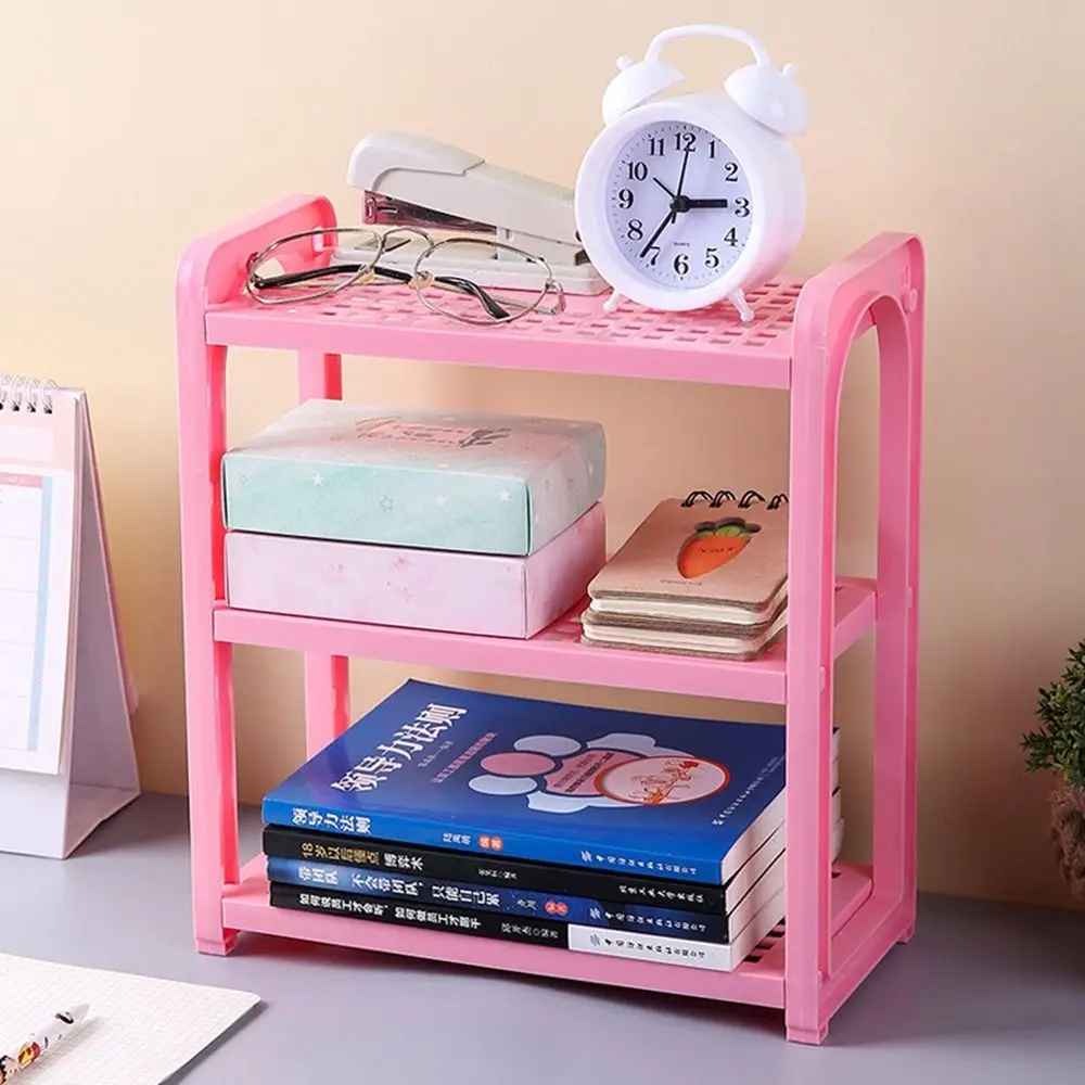 Organizing Blue/Pink/White Three-Layer Storage Rack Assembled Adjustable Plastic Desk Shelves Multifunctional Hollow Household