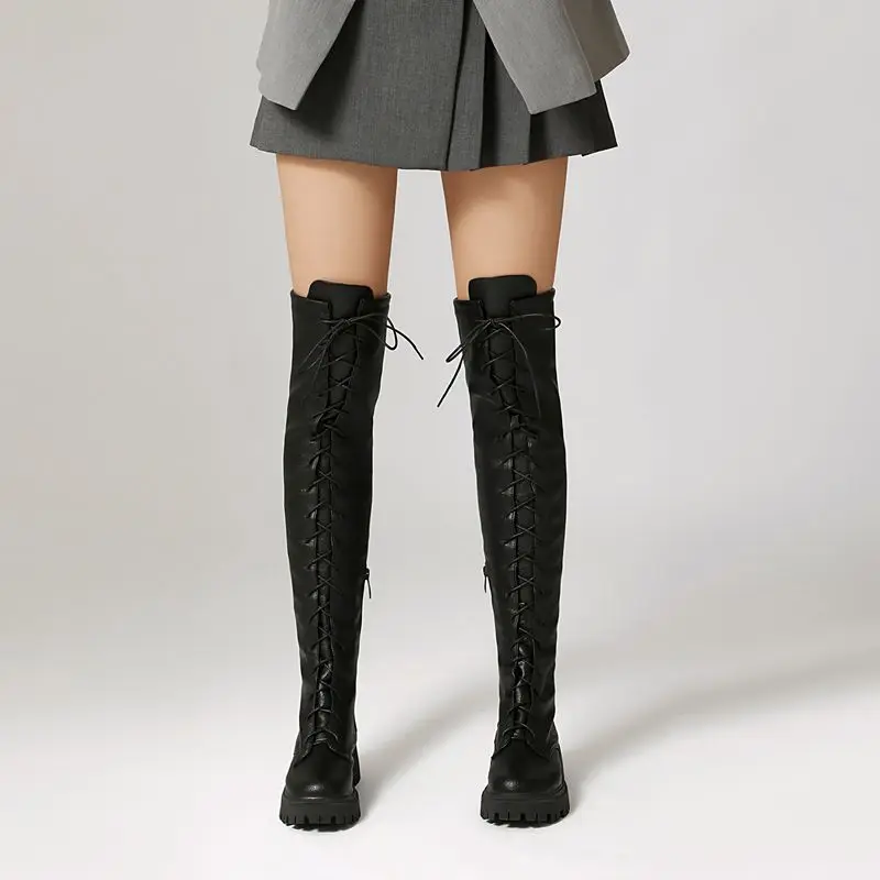 REAVE CAT 2025 Retro Thigh Boots Round Toe Chunky Heels 4.5cm Platform Zip Lace Up Extended Size 41 42 43 Daily Knee High