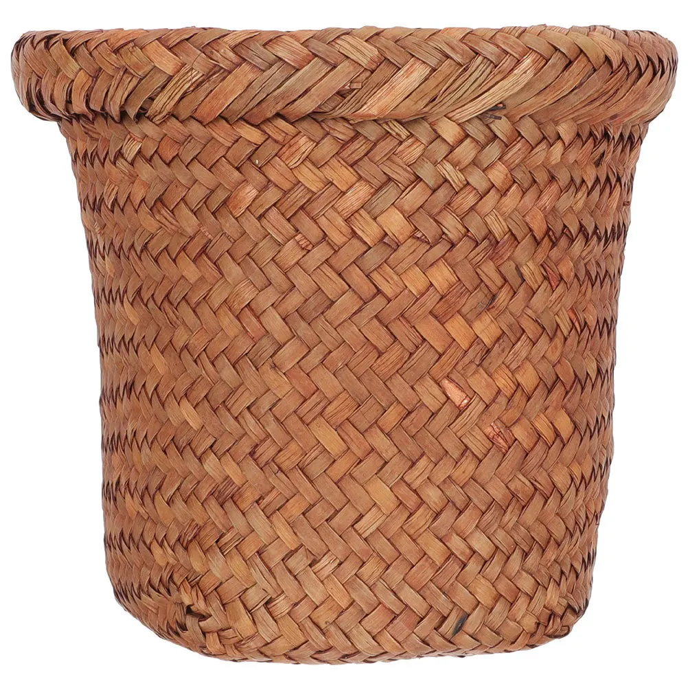 

1pc Stylish Sea Grass Woven Trash Household Waste Basket Floor Trash Can For Home Office Convenient Wear-Resistant Black