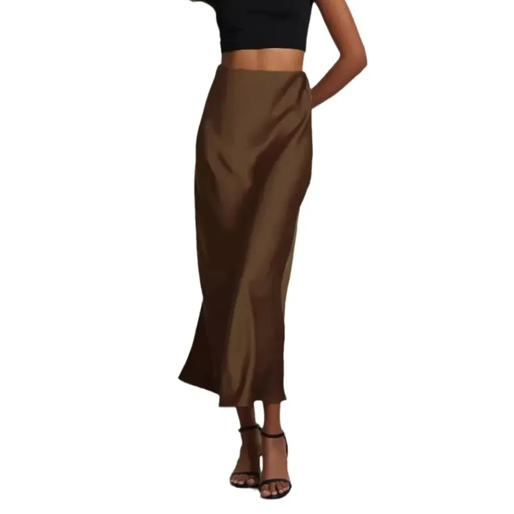 

Women's European American Style Fashion Temperament Satin Texture Skirt Solid Color Glossy Mid-Length Joker Wholesale Clothing