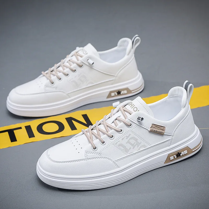 Casual sports small white shoes 2024 new Korean version of Men's leather anti-skateboard shoes elastic foot shoes