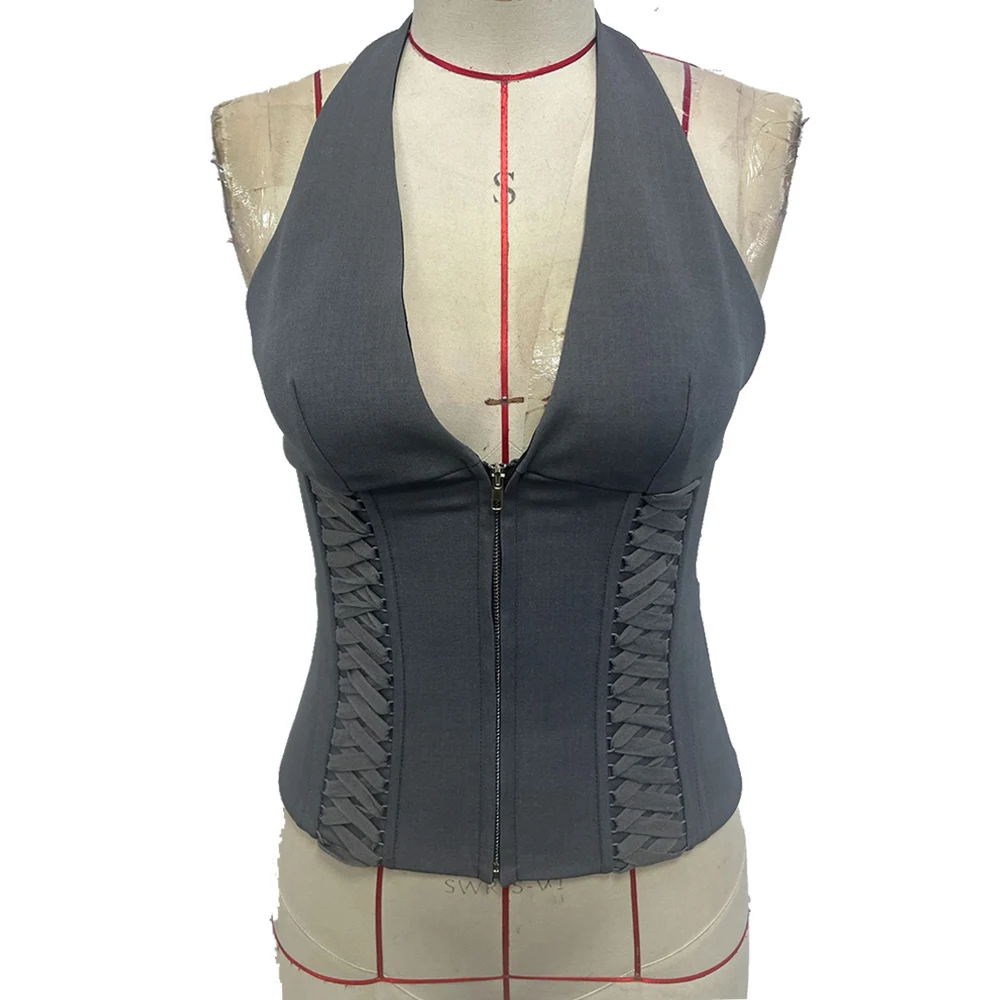 Women Sexy Halter Corset Tops Boning Deep V Neck Bustier French Style Waist Cincher Back Tie & Zip Closure Bustier