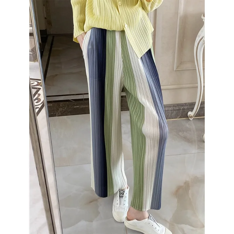 

SMVP Pleated Women Straight Trousers Colour Blocking Striped High Waist Casual Loose Elastic Fashion Casual Female 2025 Summer