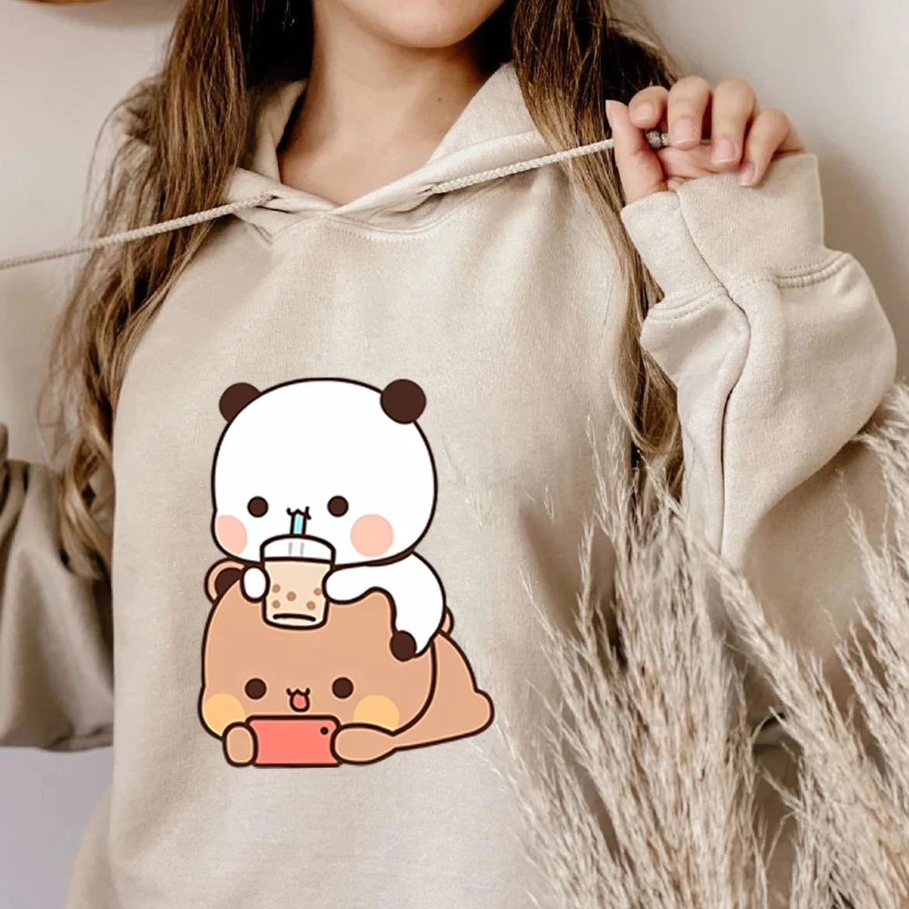 Sudadera con capucha de oso Panda, camisa de té de burbujas, Bubu y Dudu, ropa de Anime Unisex, sudadera Kawaii, Sudadera con capucha con gráfico de