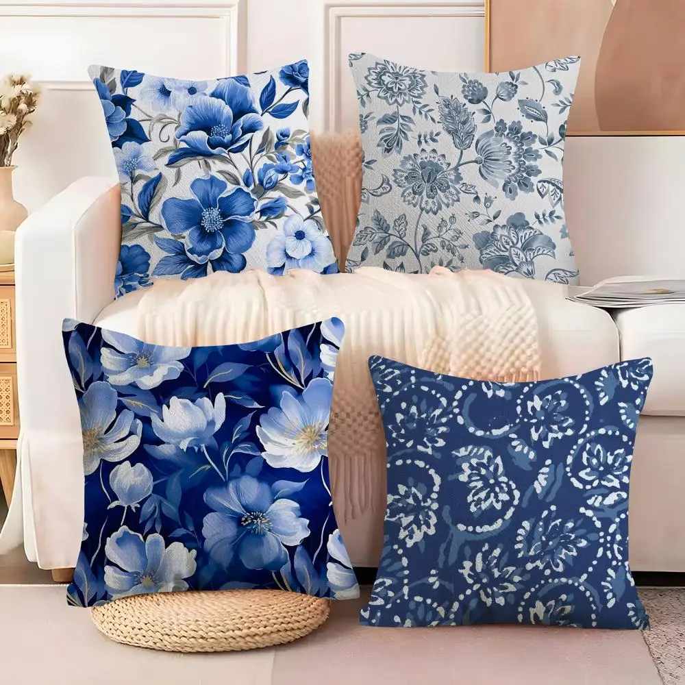 Ethnic style blue floral Cushion Cover Soft Plush Fabric Double-Sided Printed Sofa Cushion Cover for All Seasons Home Decor Gift
