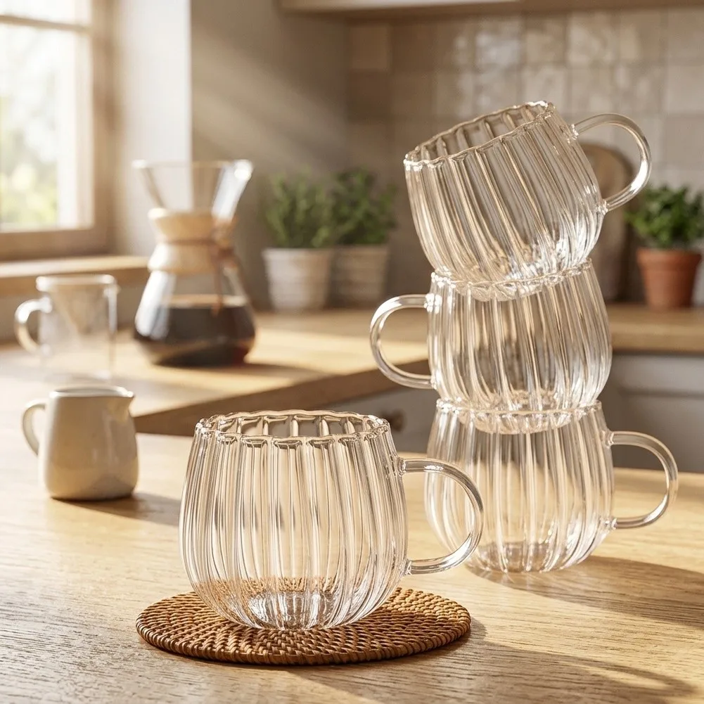 Glass Mug Set of 4 with Vertical Ridge Design and Harmonized Handle Profile for Consistent Tabletop Coordination