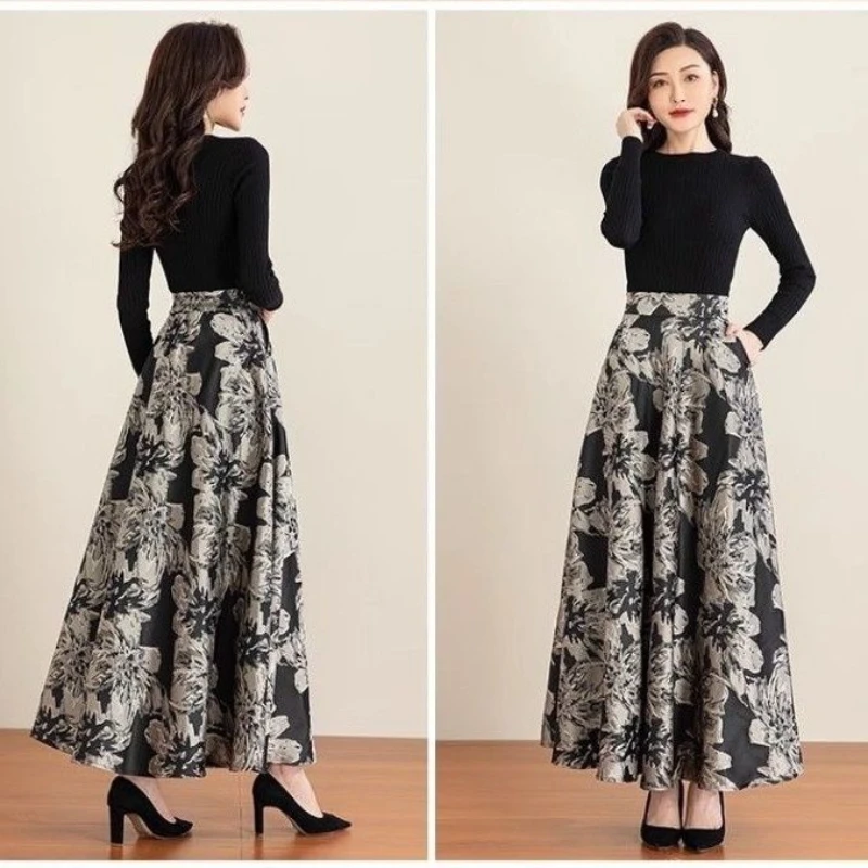 Neuer Sommerrock mit Taschen aus Eisseide, elastische Taille, um Sie schlank aussehen zu machen und modischem A-Linien-Langrock