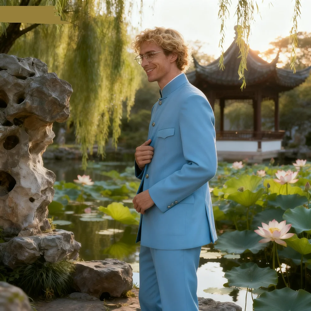 

Classic High Quality 2-Piece Men's Chinese Style Slim Fit Wedding Groom Tuxedo Set with Stand Collar Jacket And Pants