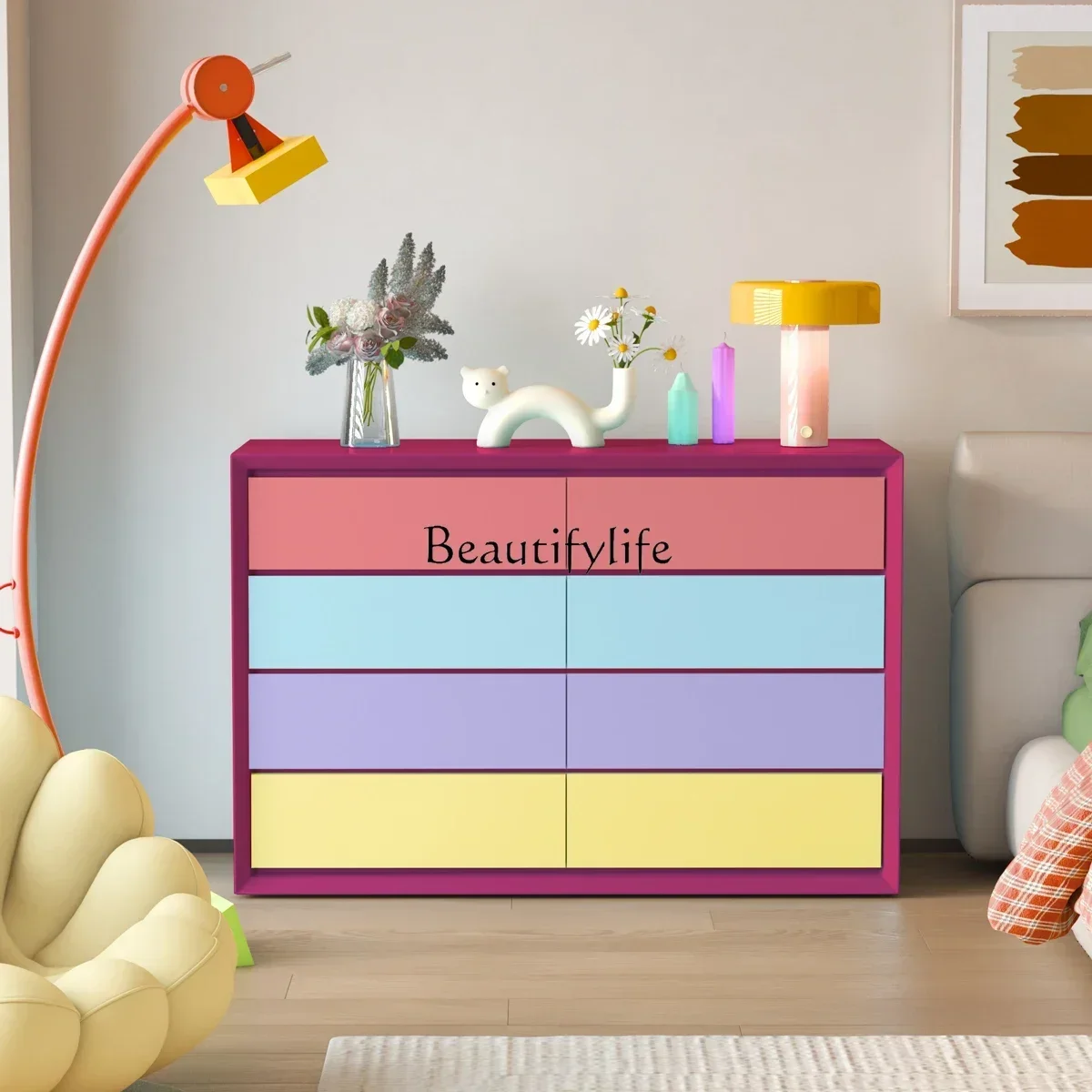 

LJYDopamine Color Living Room Entrance Bedroom Storage Cabinet Dining Side Cabinet WoodenL