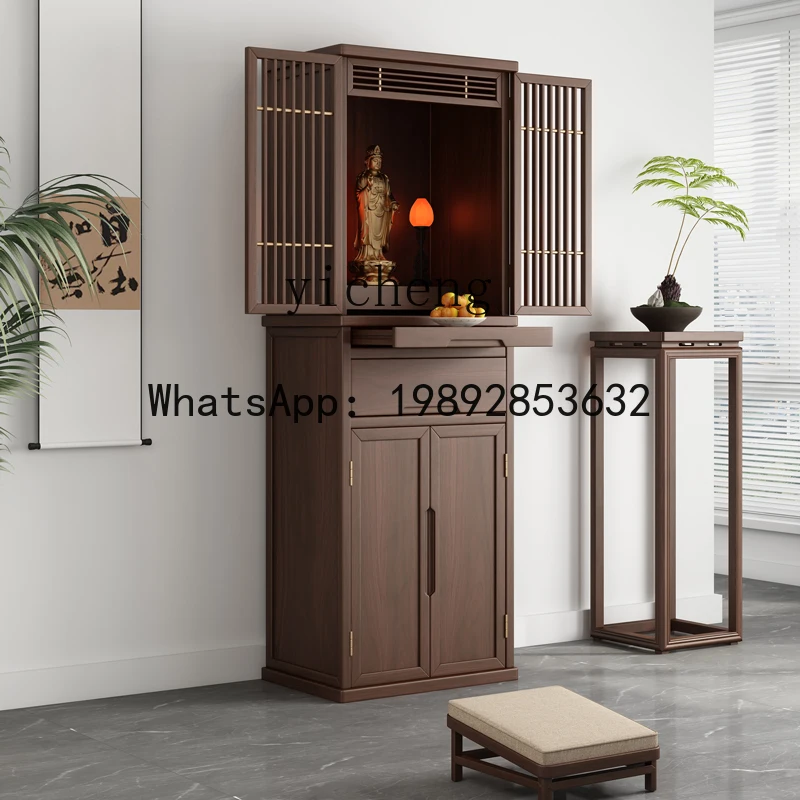 H2  Buddhist shrine, cabinet, dust-proof glass door, modern simple solid wood shrine of God of Wealth