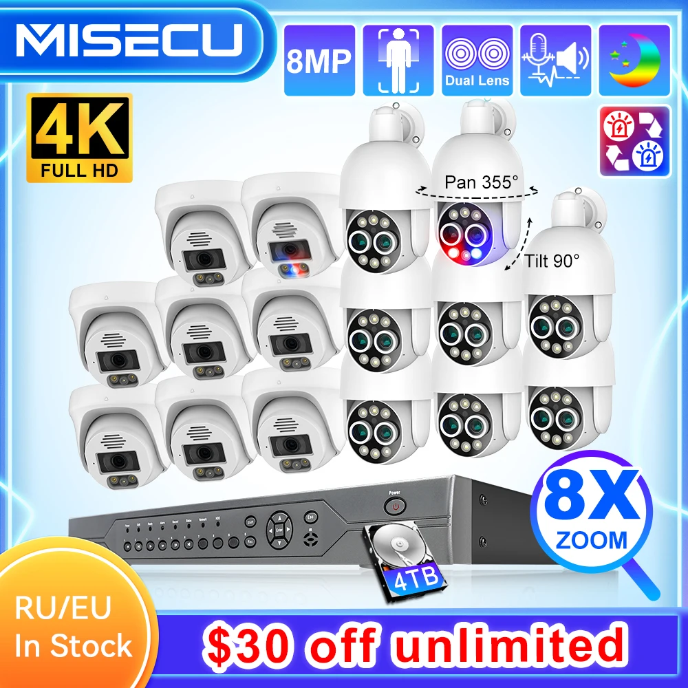 MISECU 16CH 4K 8MP PTZ POE Security System Auto Track Indoor 8MP Dome Camera 8X Hybrid Zoom Dual Lens Record Surveillance Kit