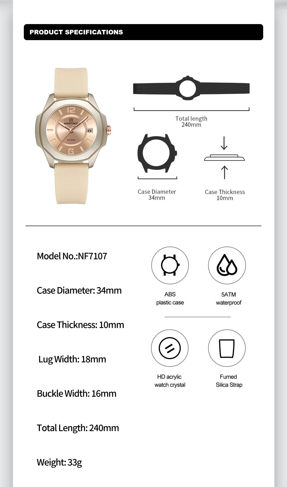 NAVIFORCE NF7107 Quartz Calendar Waterproof and Shockproof Watches for Women Clocks