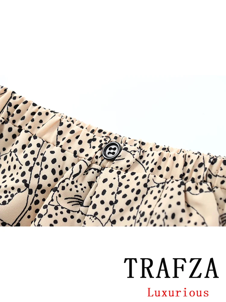 TRAFZA Casual Print Chic Women Suit Single Breasted Turn-down Collar Blouse Loose Straight Shorts New Fashion 2024 Summer Sets