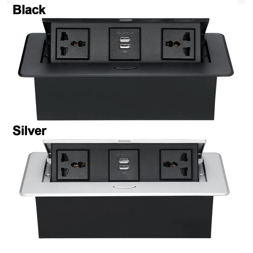 Metal Panel Table Top Recess Outlet Embedded Flipper Cover Bounce Multi-Functional with 2 USB Port Desktop Plug-In Adapter
