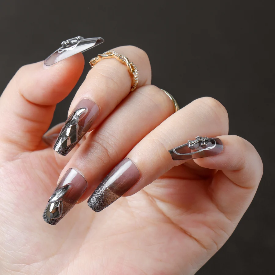 Gradiente preto reutilizável pressiona as unhas para as mulheres, unhas falsas de diamante avançado, novo design, arte do prego francês, moda beleza