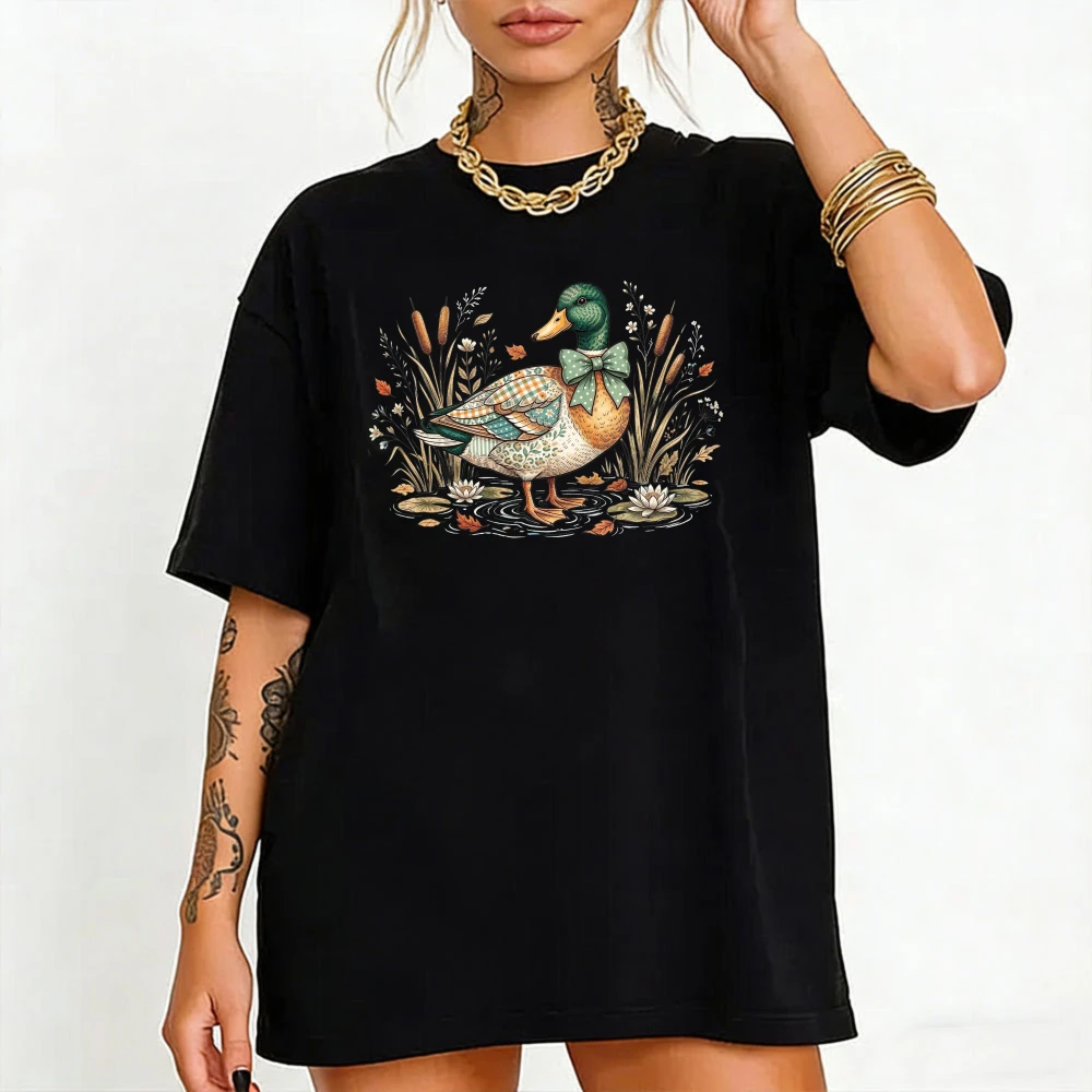 Vintage Mallard Duck Bow Floral Unisex Trendy Cotton Tops Country Wildlife Streetwear Cottagecore Wetland Botanical Casual Tees