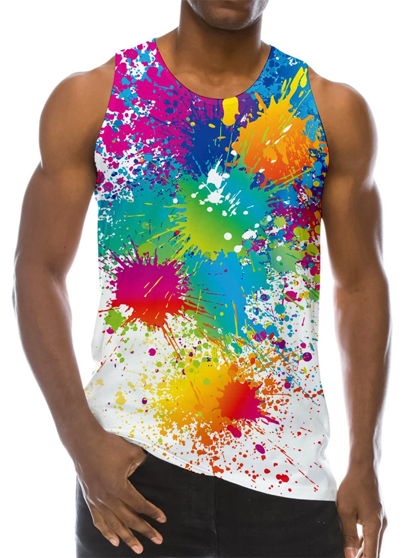 New Rainbow Paint Splatter 3D Printed Graffiti Men\'s Tank Tops Men Hip Hop Casual O-Neck Vest Streetwear Oversized Tops Tees