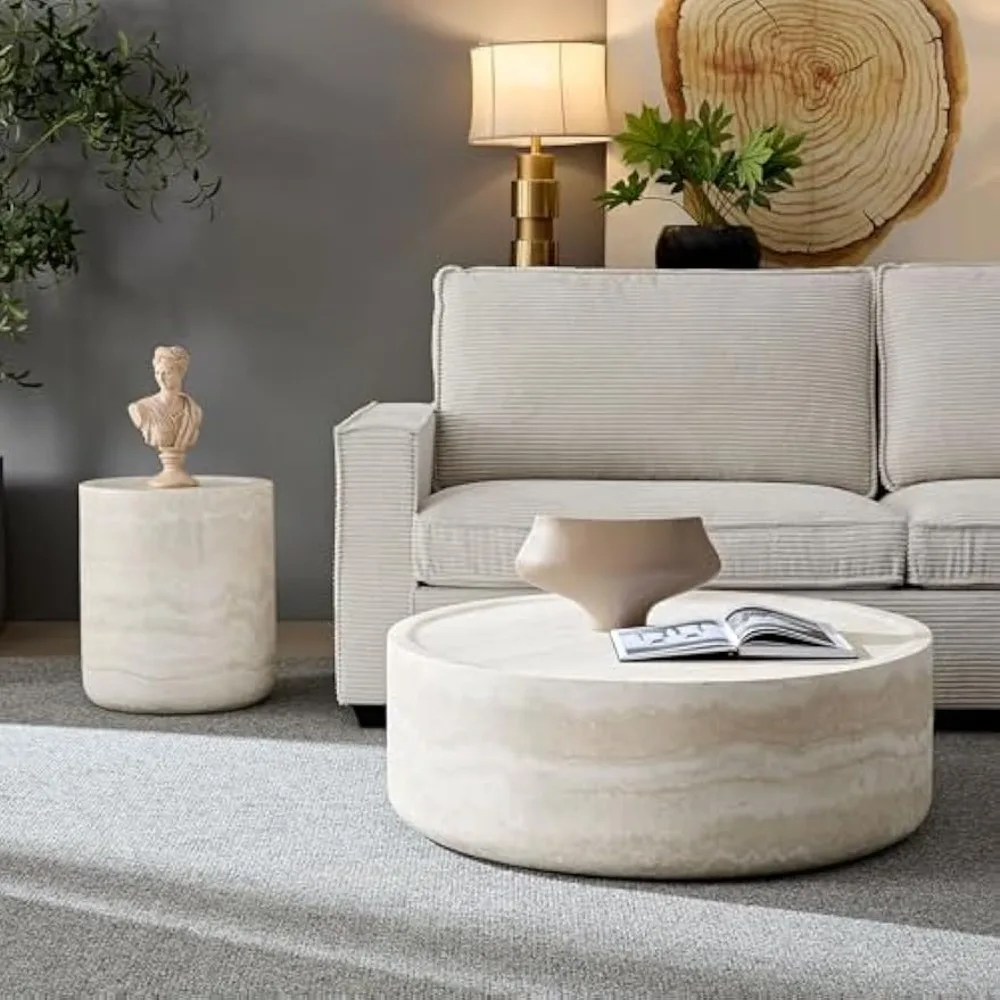 Faux Marble Patter Coffee Tables, Side Table Round Tea Table Faux Travertine Textured Table for Living Room, No Needed Assembly