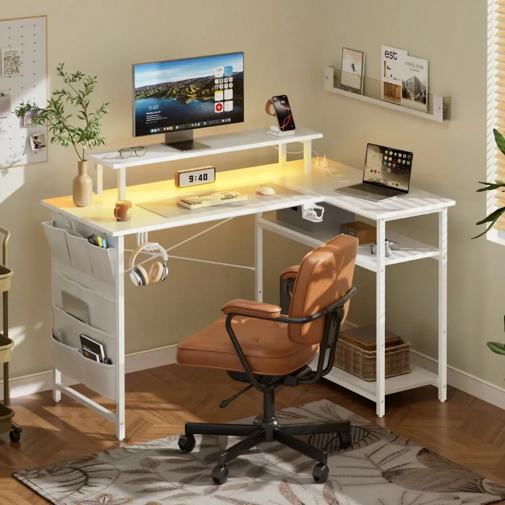 

43 Inch L Shaped Computer Desk With Power Outlet, Gaming Corner Desk With LED Lights, Home Office Table With Storage Shelves Mo