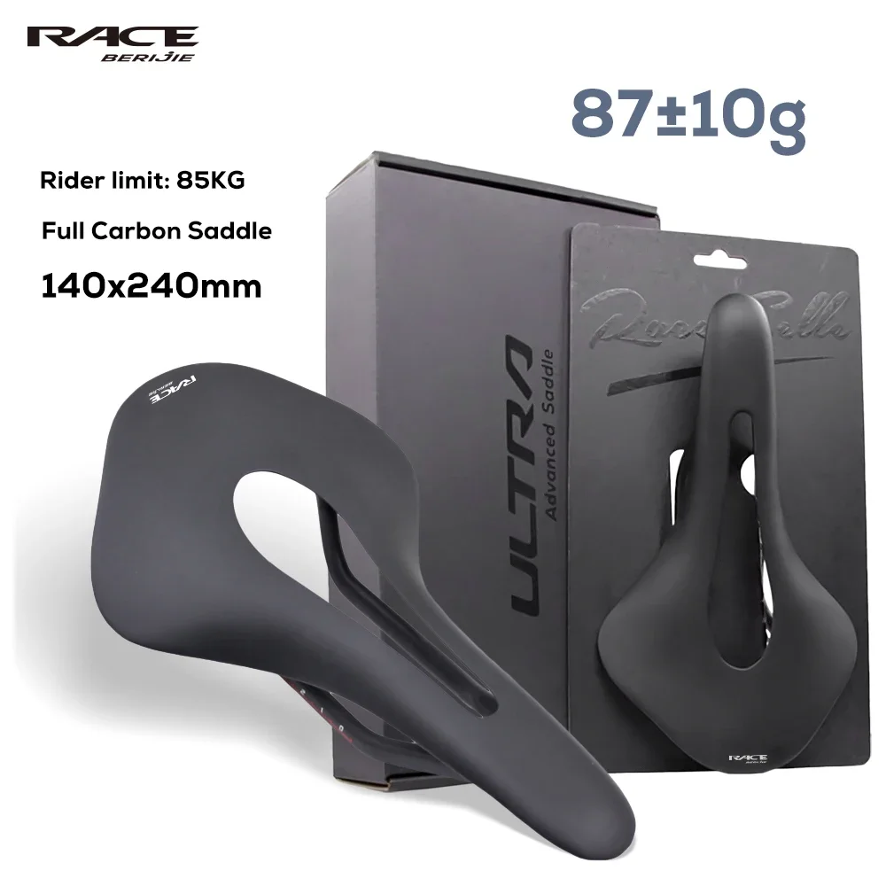

BERIJIE Full Carbon Bicycle Saddle,Carbon Fiber Cycling Road Bike Cushion,Ultra Light,Front Seat 240 x140 mm,Carbon Rail 7x9mm
