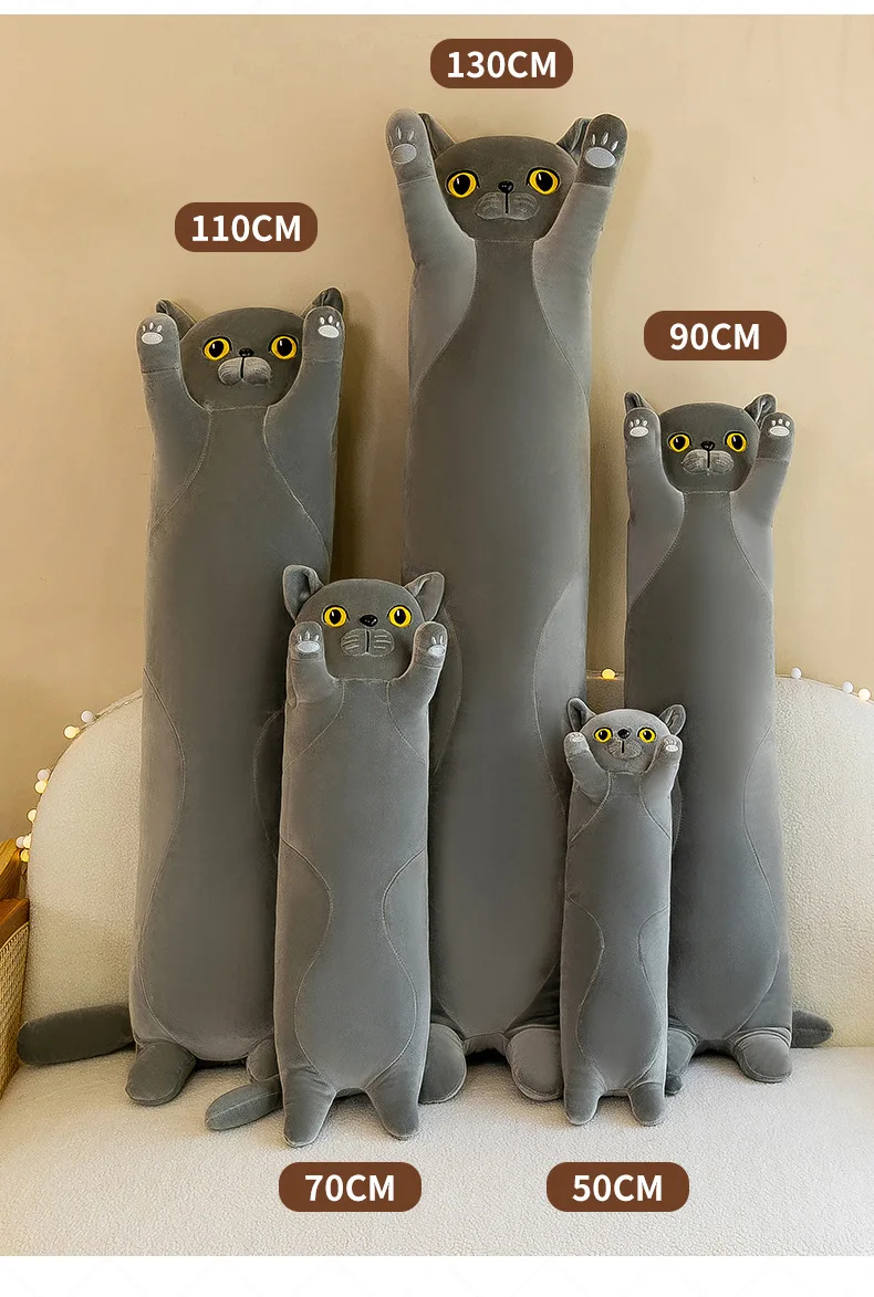 50-130cm Giant Gray Long Cat Plush Pillow Kawaii Soft Stuffed Toy Plushies Squishy Sofa Cushion Decor Birthday Gifts For Girls