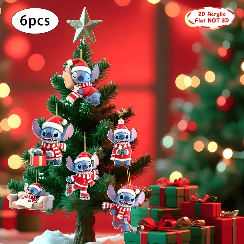 

6PCSCРождественские елочные украшения, 6 шт. 2D плоские стежки от Лило и Стич, рождественские акриловые украшения, подходят