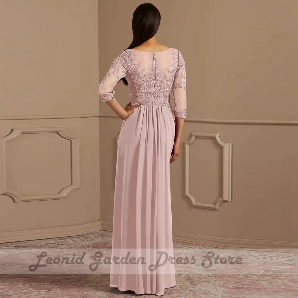 Elegant Pink Mother of The Bride Dresses for Weddings 2023 Chiffon Floor Length O Neck Half Sleeve Wedding Party Dress Zipper