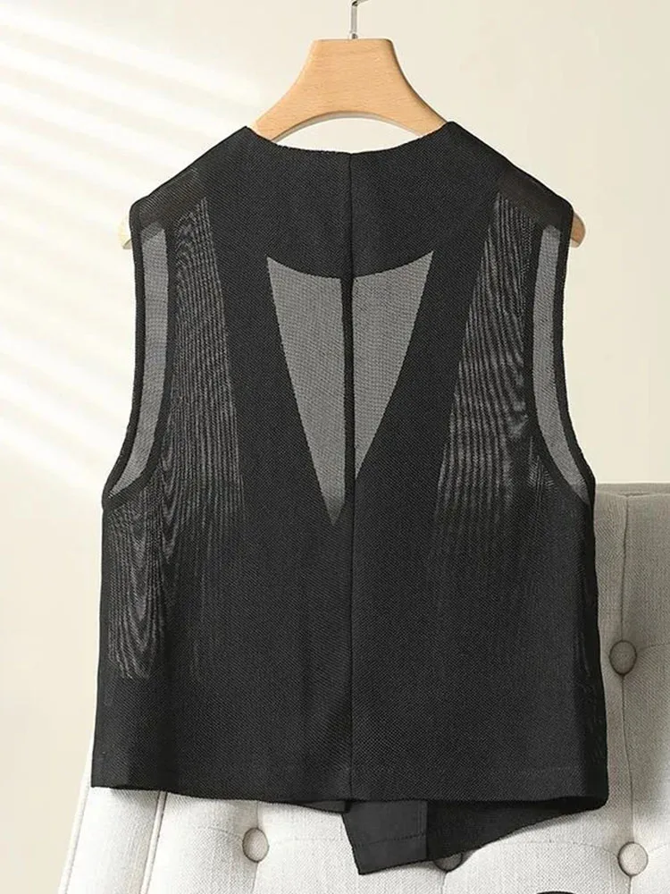 2025 Women Clothing Summer Thin Vest V-neck Sleeveless Gauze Tanks Crop Tops See Through Fashion Waistcoat Chalecos Para Mujer