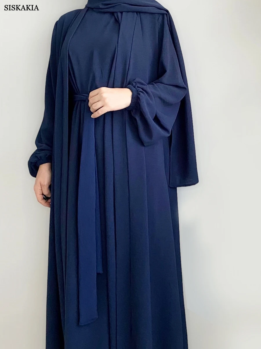 Siskakia Muslim Women Sets With Hijab Belted Open Kimono And Sleeveless Under Dress Jalabiyat Ramadan Eid 2024 Kuwaiti Outfits