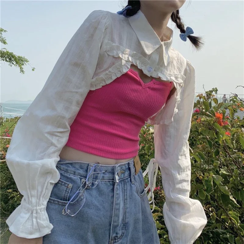 Shirts Women Casual Hotsweet Summer Sun-proof New Korean Style Super-short Tops Vintage Fashion Streetwear Solid Breathable Thin