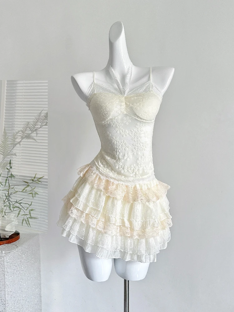 2025 Japanese Cute Pink Sweet 3 Piece Set Women Lace Smock+Slip Halter Vest+Elastic Waist Cake Skirt Casual Original Design Suit