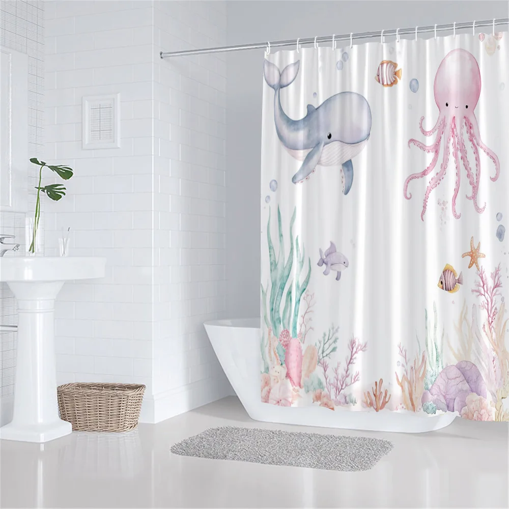

Cute Whale Octopus Sea Life Shower Curtain Machine Washable All Season Waterproof Privacy Protection Cartoon Design Kids 12hooks
