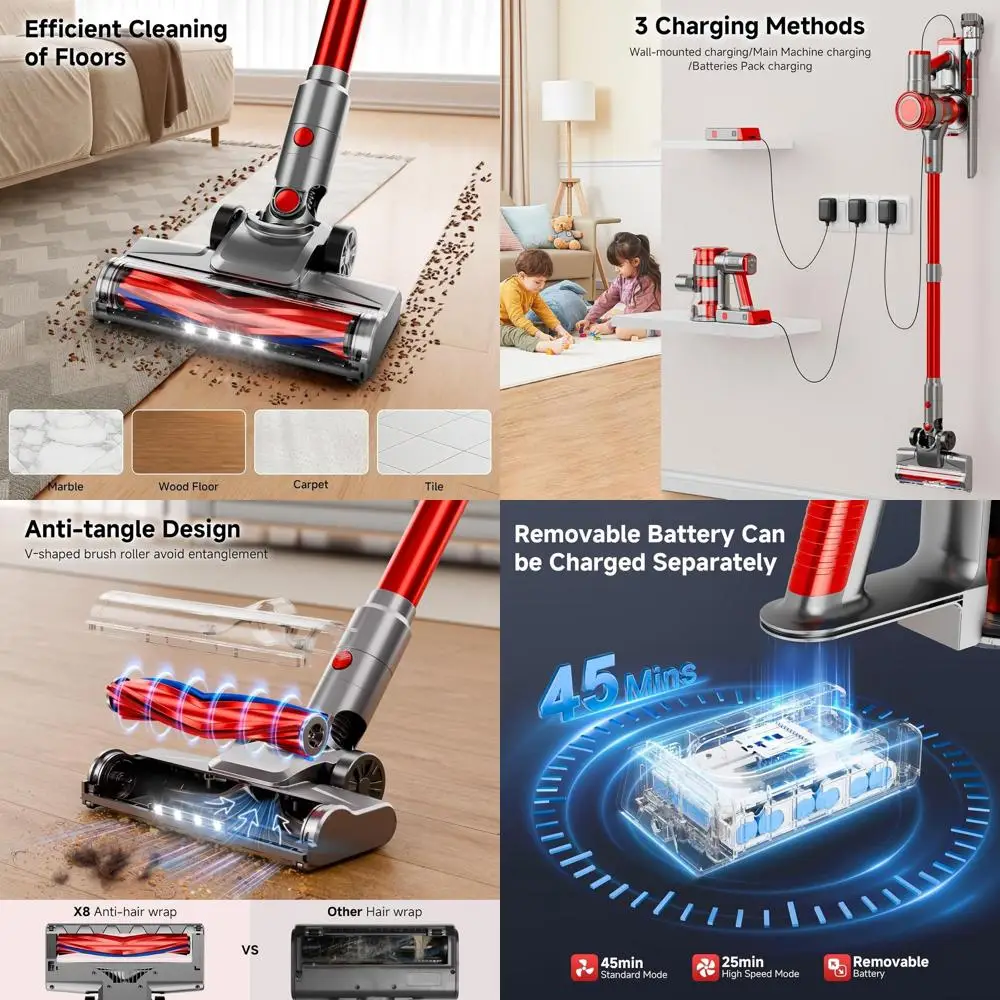 Rood 6-in-1 draadloze stofzuiger, 35 kPa zuigkracht, 45 minuten looptijd, LED-display, anti-wirwar, wandmontage, ideaal voor harde vloeren en huisdieren H