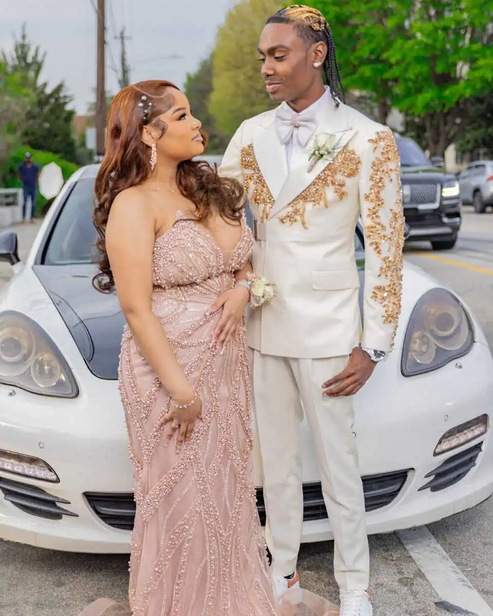 Tuxedos de marié de mariage formel, perles dorées, costumes en cristal pour hommes, 2 pièces, blazer de bal de fête, Costume personnalisé