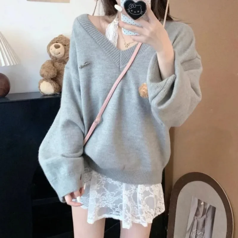 

Woman Sweet Fashion 2 Piece Set Spicy Girl Sexy Lace Neck Hanging Vest + Loose V-neck Knitted Sweater Harajuku Korean Style Set