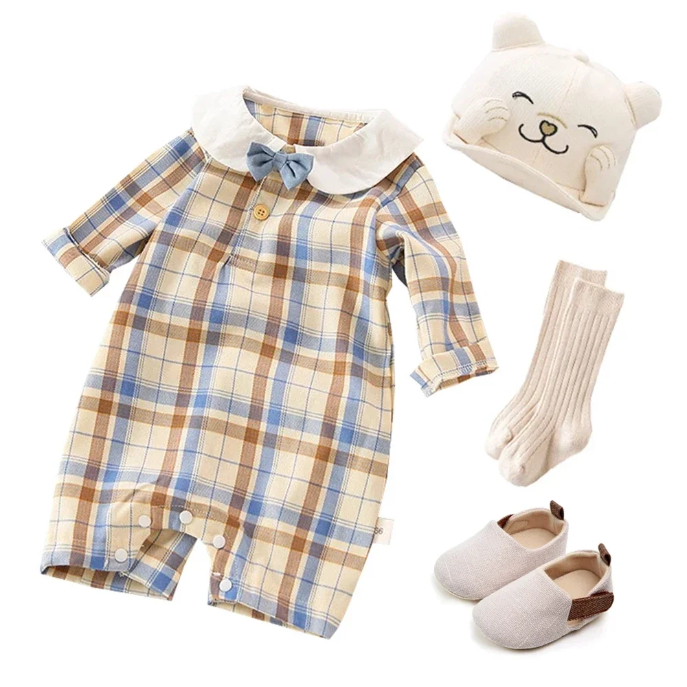 Cotton Newborn Romper Baby Boys & Girls Fashion Soft Plaid Long Sleeve Jumpsuit Unisex Spring & Autumn Daily Clothes