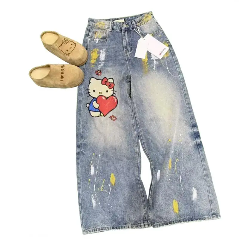 

Джинсы Sanrio Hello Kitty, милые модные брюки с вышивкой из мультфильма, женские синие рваные джинсы, роскошный дизайн, уличная одежда Y2K, брюки