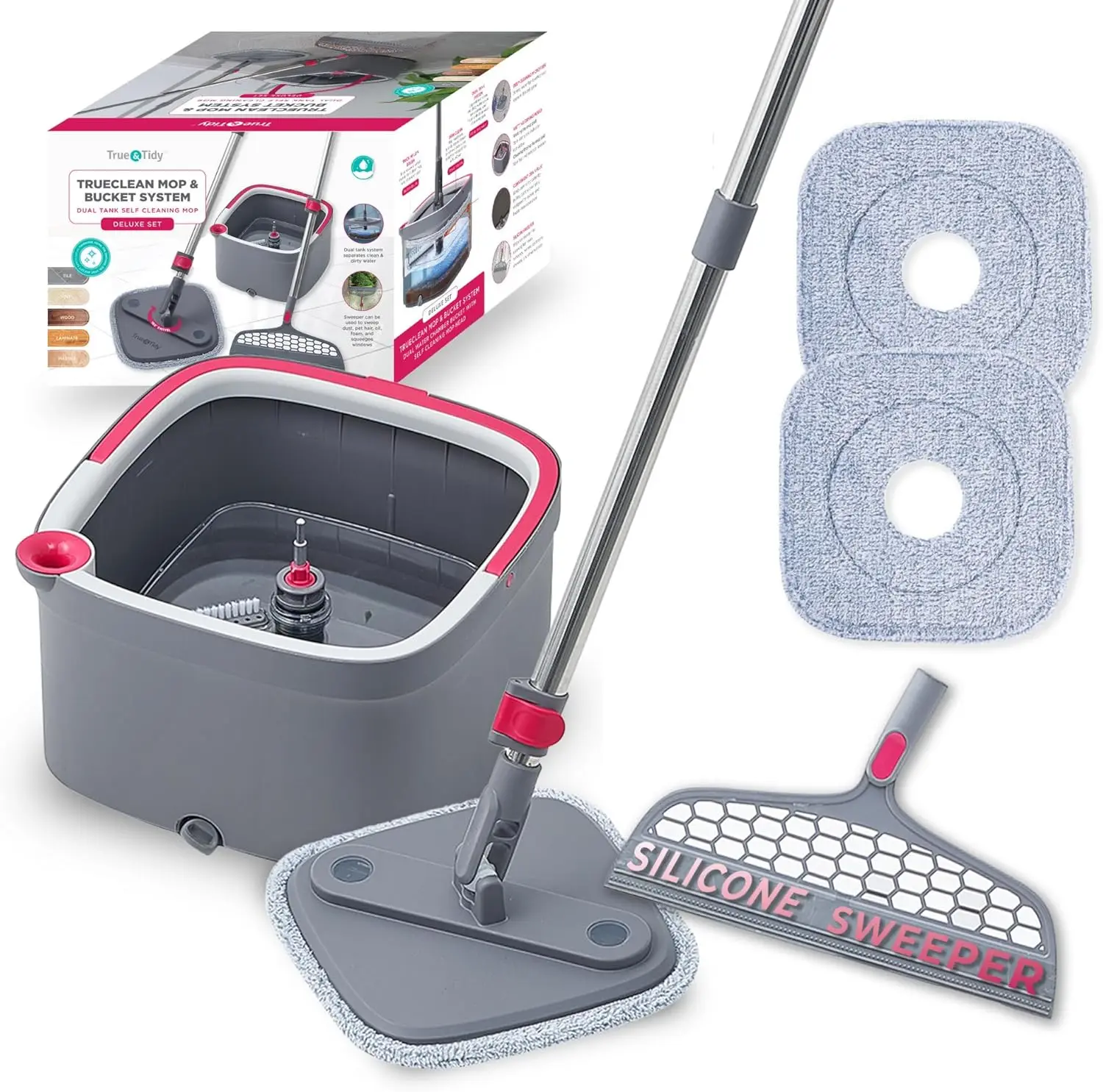 

Dual Compartment Spin Mop & Bucket System with 360° Swivel Head, Built-in Brush, Stainless Steel Handle and Reusable Pads