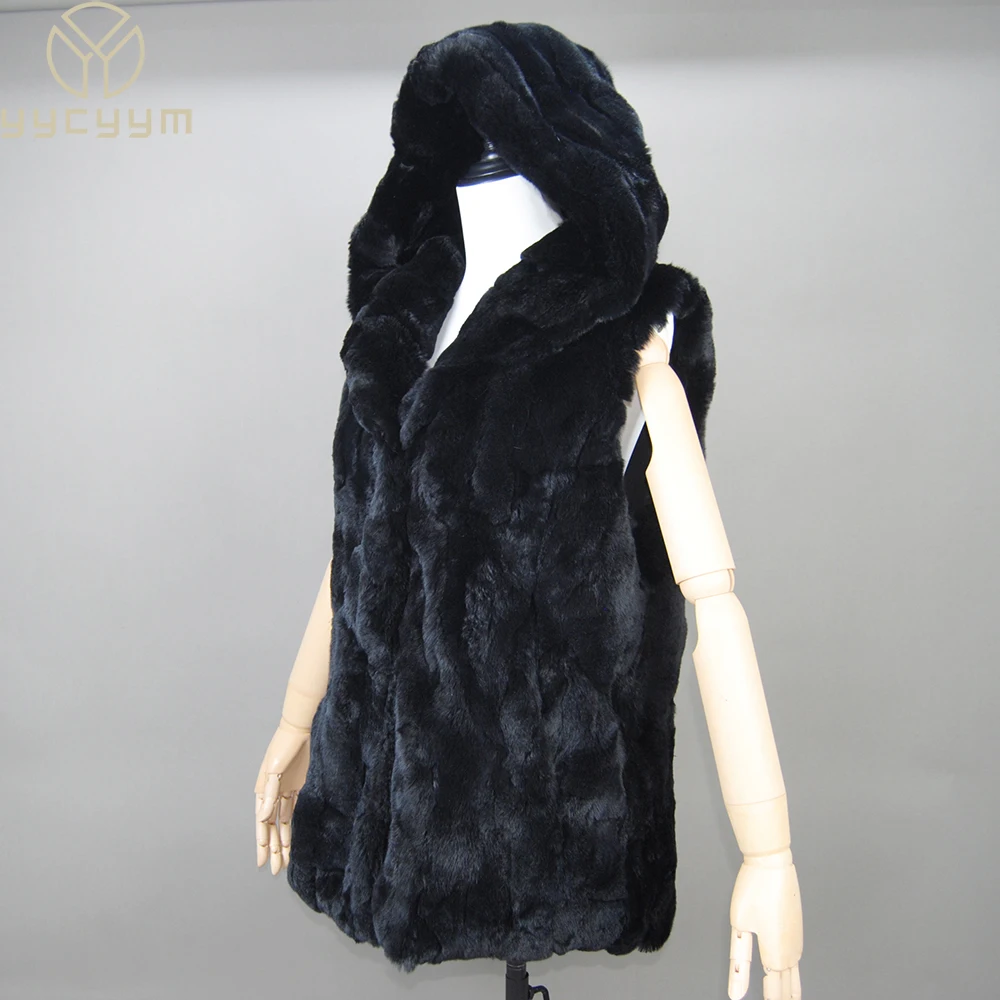 

Fashion Women Hooded Fur Coat Beige Rex Rabbit Fur Vest Sleeveless with Hood Winter Rex Rabbit Fur Waistcoat 100% Real Fur Vest