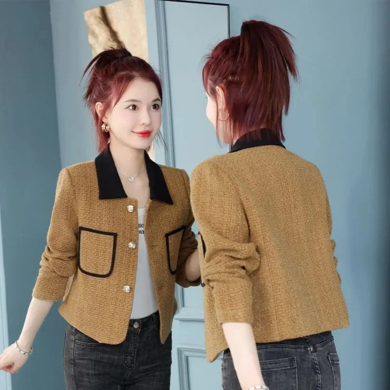 French Women Long Sleeves Woolen Jacket 2024 Female Splicing Together Coat Spring Autumn Ladies Fashion Xiaoxiangfeng Outerwear