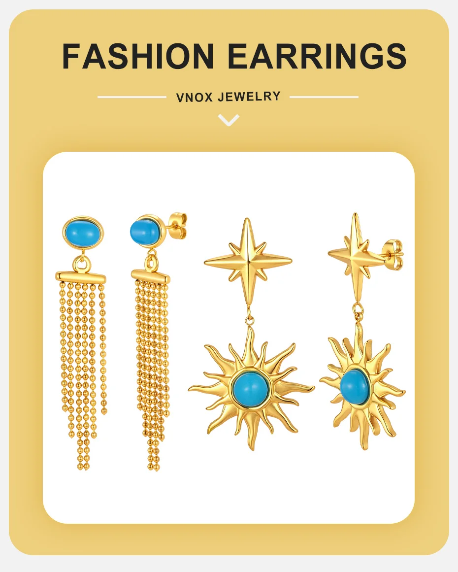 Vonx Sun Türkisfarbene Hängeohrringe für Damen, Edelstahl 18K vergoldet, lange Ketten-Quasten-Ohrringe, Boho-Strandschmuck – Detail 1