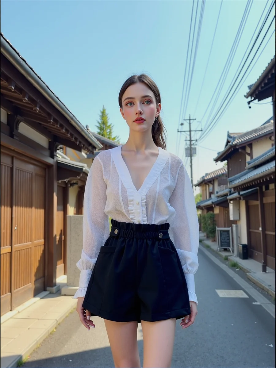 Pantaloncini a gamba larga in lana nera da donna da ufficio pieghettati bottoni classici a vita alta dimagranti femminili moda vintage chic elegante