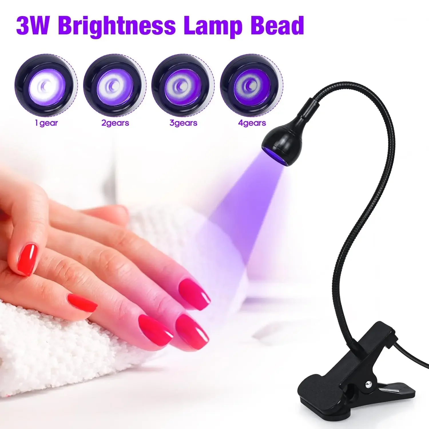 4-Level Dimming Gooseneck Nail Lamp with Clip, USB Rechargeable Fast-Drying LED Nail Light for Salon & Home Use