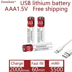 Large capacity 1.5V AAA 5500mah USB rechargeable lithium-ion battery for remote control of wireless mouse+cable