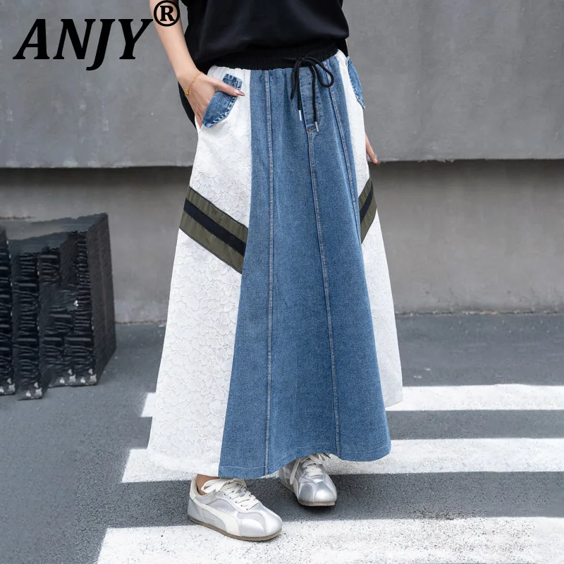 

ANJY Новая летняя женская джинсовая юбка в американском стиле с пэчворком и цветовыми блоками, стильная, элегантная, повседневная, с карманами, А-силуэт, A21854