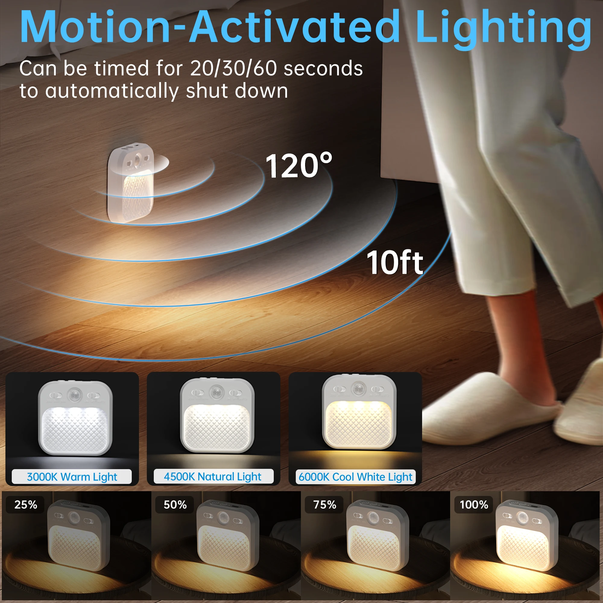PZSUNLY светодиодный датчик движения, беспроводной перезаряжаемый ночник, 3-цветная лампа с регулируемой яркостью для гардероба, спальни, лестницы, светодиодный светильник